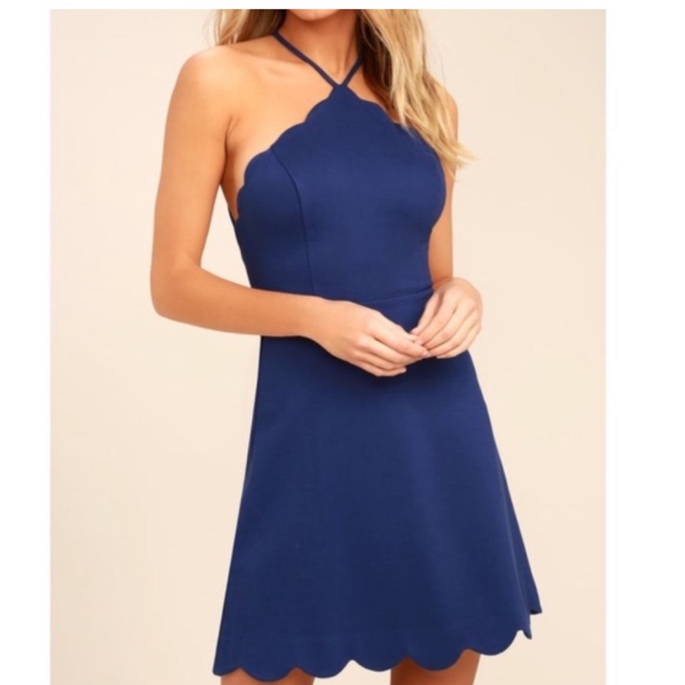 Lush Blue Scalloped Halter Mini Dress